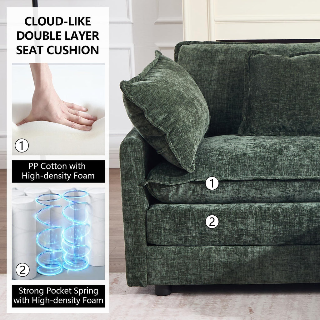 76.7" W Green Deep Seat Cloud Loveseat Sofa Sectional Couch, Chenille 2 Seat L Shaped Modular with Ottoman Chaise Set