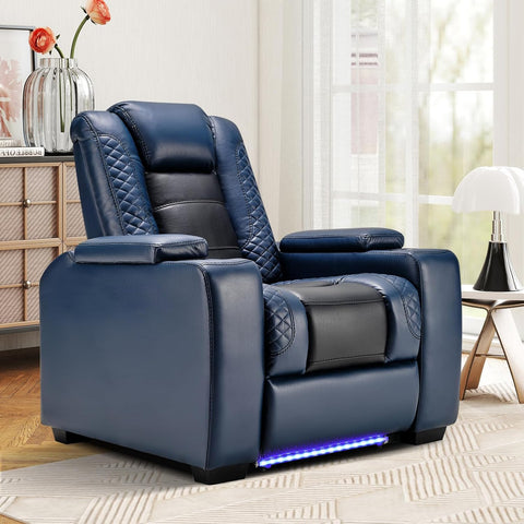 Power Home Theater Seating, PU Leather Electric Recliner Chair with Powered Headrest, Dual Motors Movie Reclining Chairs with LED Lights,USB Port, Cup Holders, Hidden Arm Storage (Blue & Black) A120-B0D7M4SW7Y