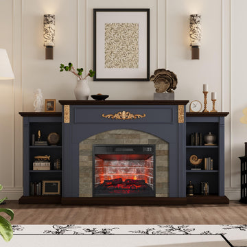 72" Fireplace TV Stand with Storage, Blue Fireplace Mantel with Gold Carved Accents, 23 Inch Red Brick Insert Electric