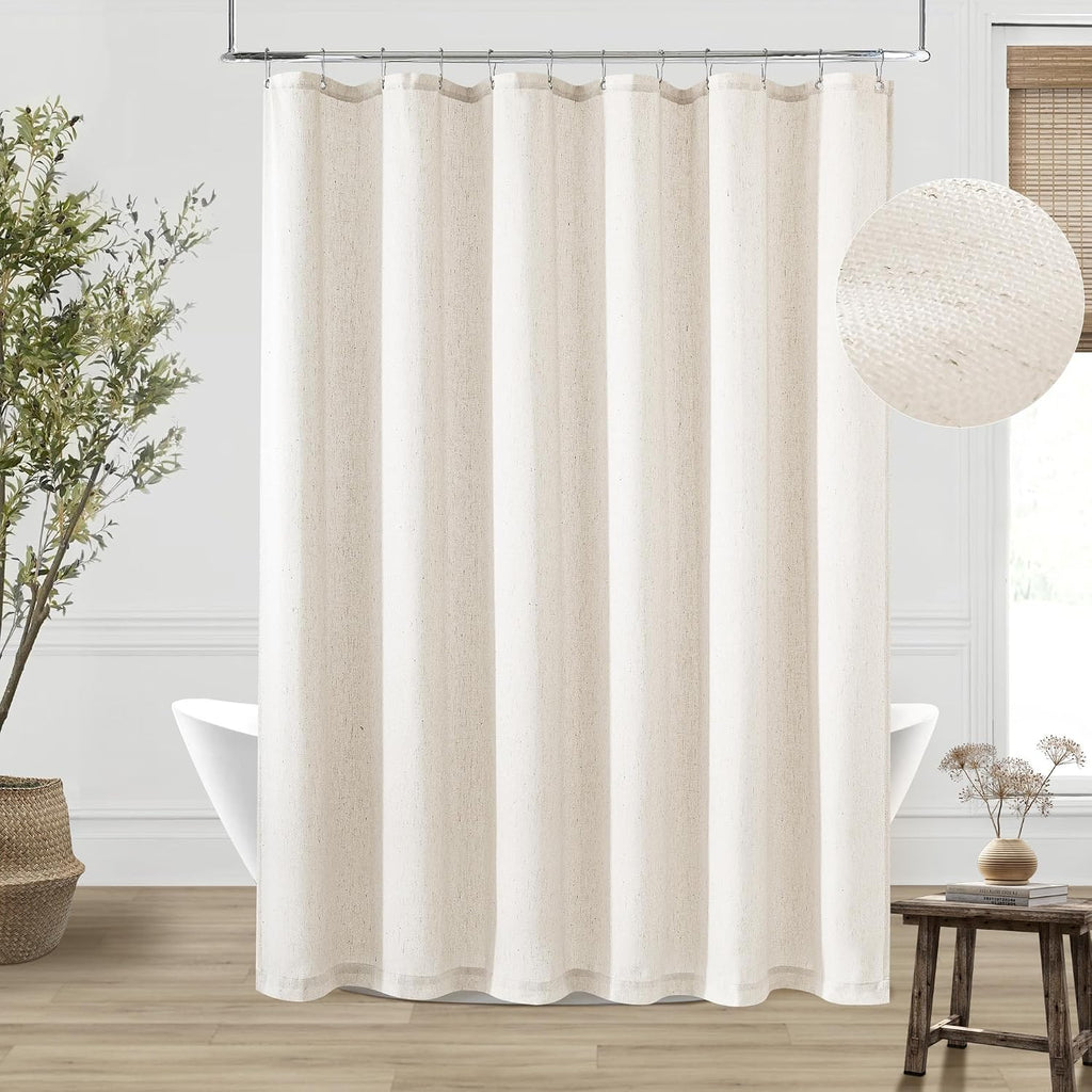 Cream Linen Shower Curtain Water Repellent 72x84 Inch | Neutral Modern Boho, Extra Long Tall, Bath Drapes 84 Inches