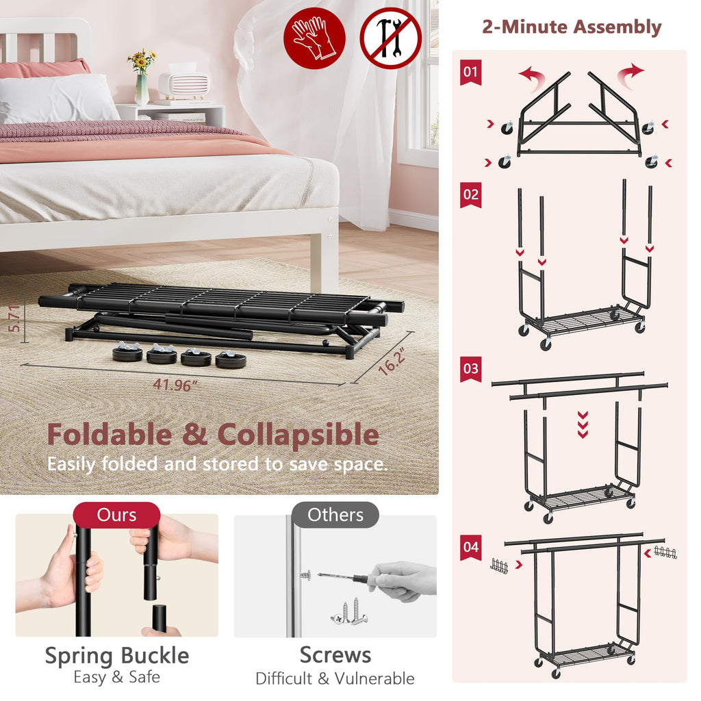 2-Minute Assembly Double Rod Clothes Rack, Heavy Duty Rolling Clothing Racks with Wheels, Foldable Commercial Garment