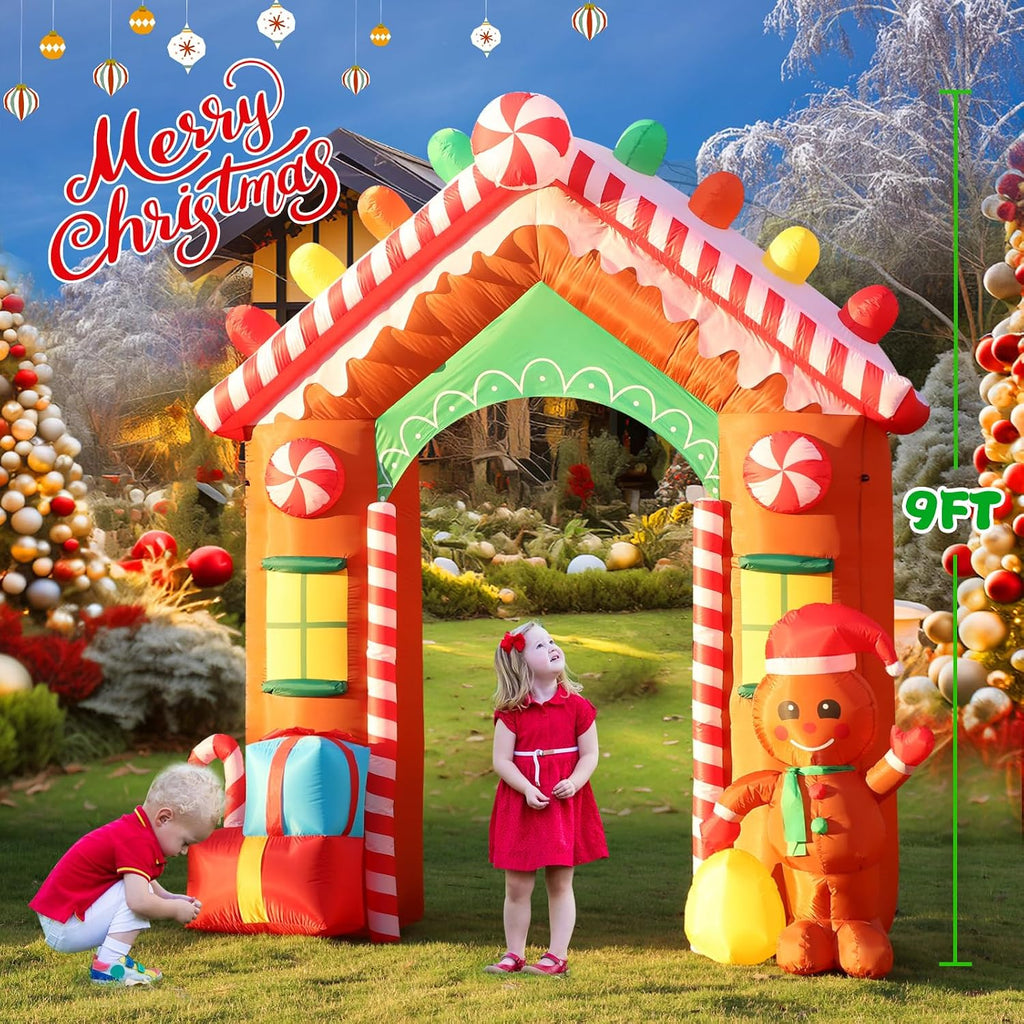 9FT Christmas Inflatable Archway Outdoor Decorations, Blow Up Gingerbread House Arch Yard Decoration with Colorful