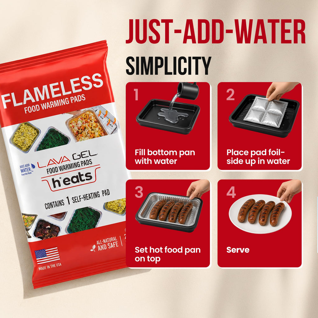 Self-Heating Buffet Kit - Flameless Food Warmer Set for Parties - Includes 4 Trays, 4 Half-Size Heat Pads & Foil Pans