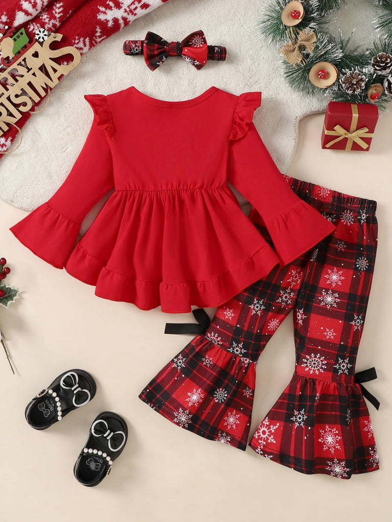 Toddler Baby Girl Christmas Outfit Ruffle Shirt Top Plaid Bell Bottom Pants Set Fall Winter Clothes, Red