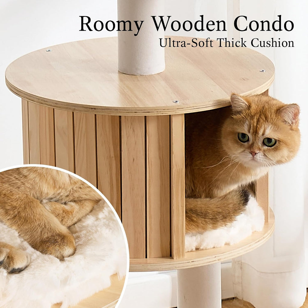 Wood Modern Cat Tree, 65" Cat Tower with Sisal Scratching Posts, Cat Condo, Capsule and Bed, Solid Wooden Aesthetic