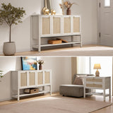 Sideboard Buffet Cabinet with Rattan Doors, 55" Boho Coffee Bar Cabinet with Open Shelf