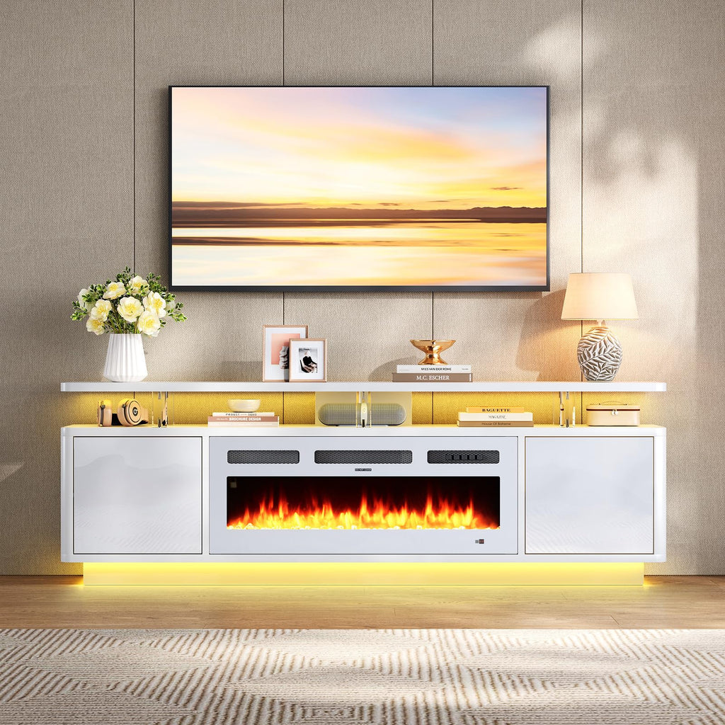 70", 36" Electric Fireplace with Adjustable Flames & Double LED Lights, Remote Control, Storage Cabinet with High