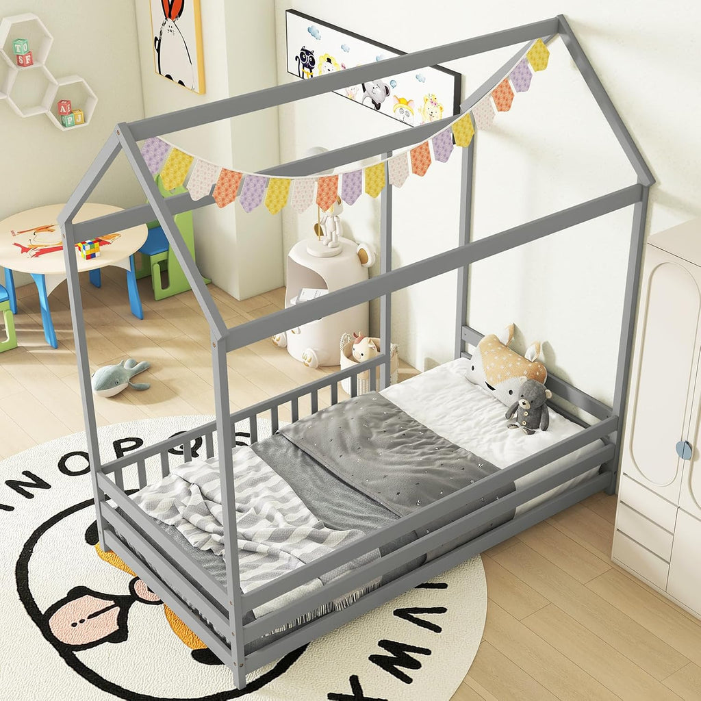 Floor House Bed, Wooden Montessori Bed with Roof &Full-Length Safety Guardrail, Floor Playhouse Bed Frame