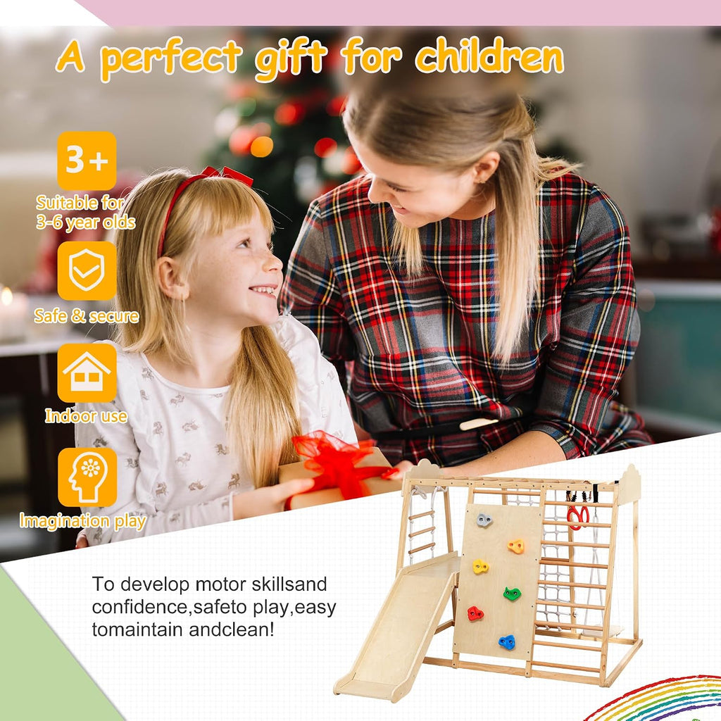 In-1 Wooden Indoor Jungle Gym for Toddlers, Montessori Climbing Playset with Slide, Swing, Climbing Net, Rings