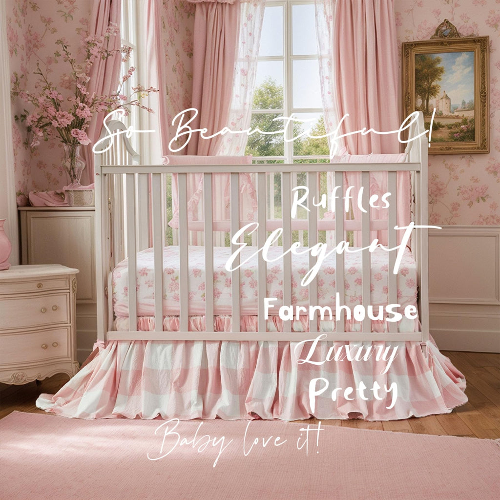 Gingham Gathered Crib Skirt, Baby Boy, Baby Girl, Gender Neutral Crib Skirt, 100% Cotton, 4-Sided, Light Pink Plaid