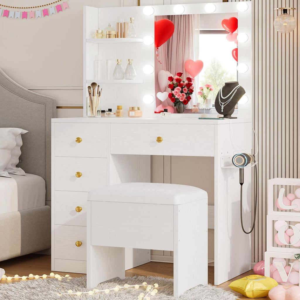 Vanity Desk with Mirror and Lights, White | Small Makeup Vanity Table, 5 Drawers, Power Outlet, Vanity Stool