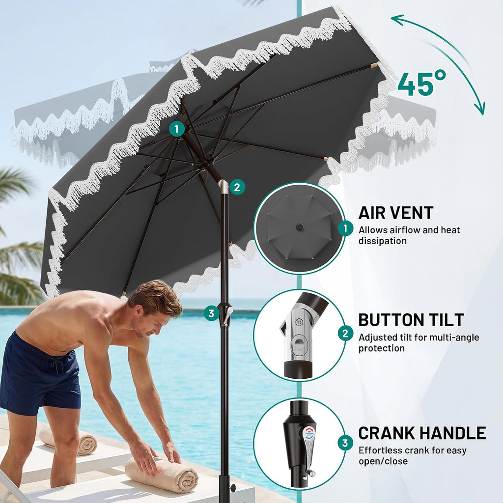 9ft Patio Umbrella with Fringe Tassels, Wind-Resistant Fiberglass Ribs - Grey