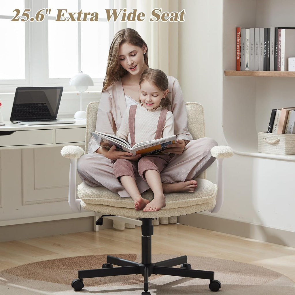 Criss Cross Legged with Wheels and Flip-Up Arms, Upholstered Criss Cross Desk Chair, Wide Seat Chairs for Home