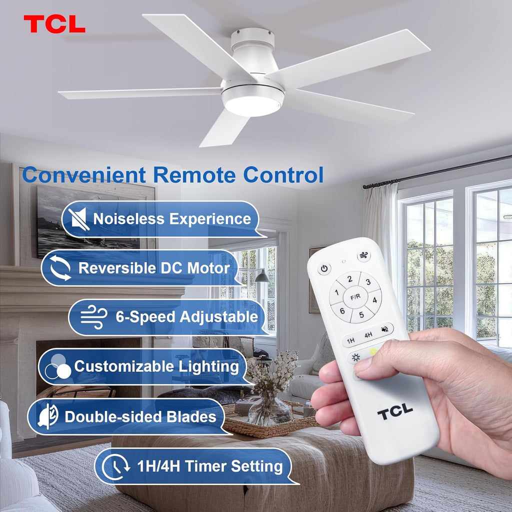 52" Modern Ceiling Fan with Lights, 5 Blades, 6 Speeds DC Reversible, Dimmable, White Flush Mount for Bedroom, Living Room and Garage A101-B0D4ZC89NR