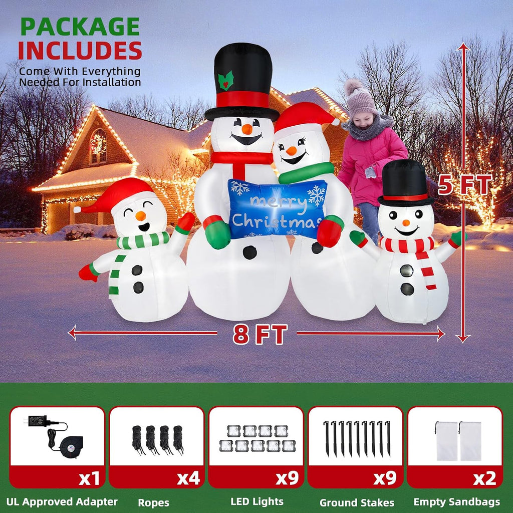 8FT Long Christmas Inflatables Snowman Outdoor Decorations, Christmas Blow Up Snowman Family Inflatable Christmas
