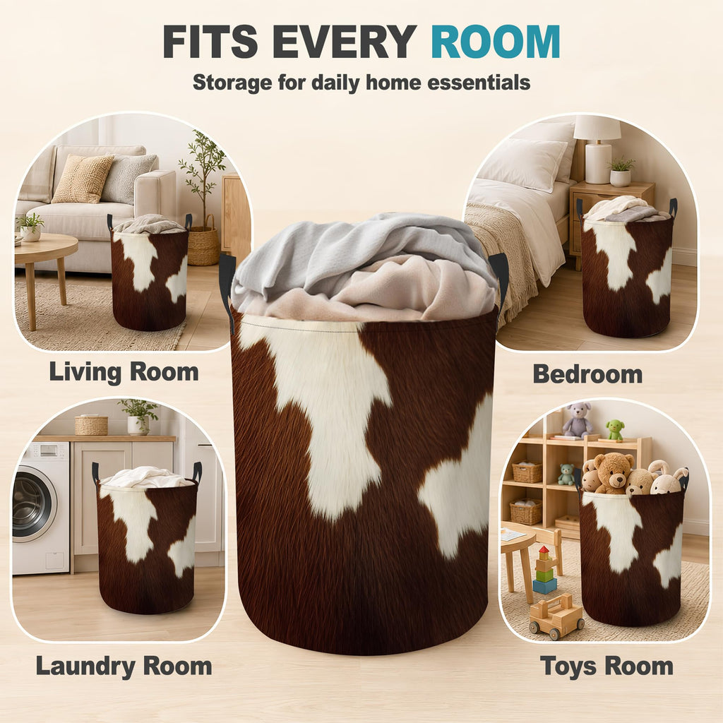 Laundry Hamper, Cowhide Western Collapsible Laundry Basket with Handles, Farmhouse Brown Waterproof Oxford Cloth
