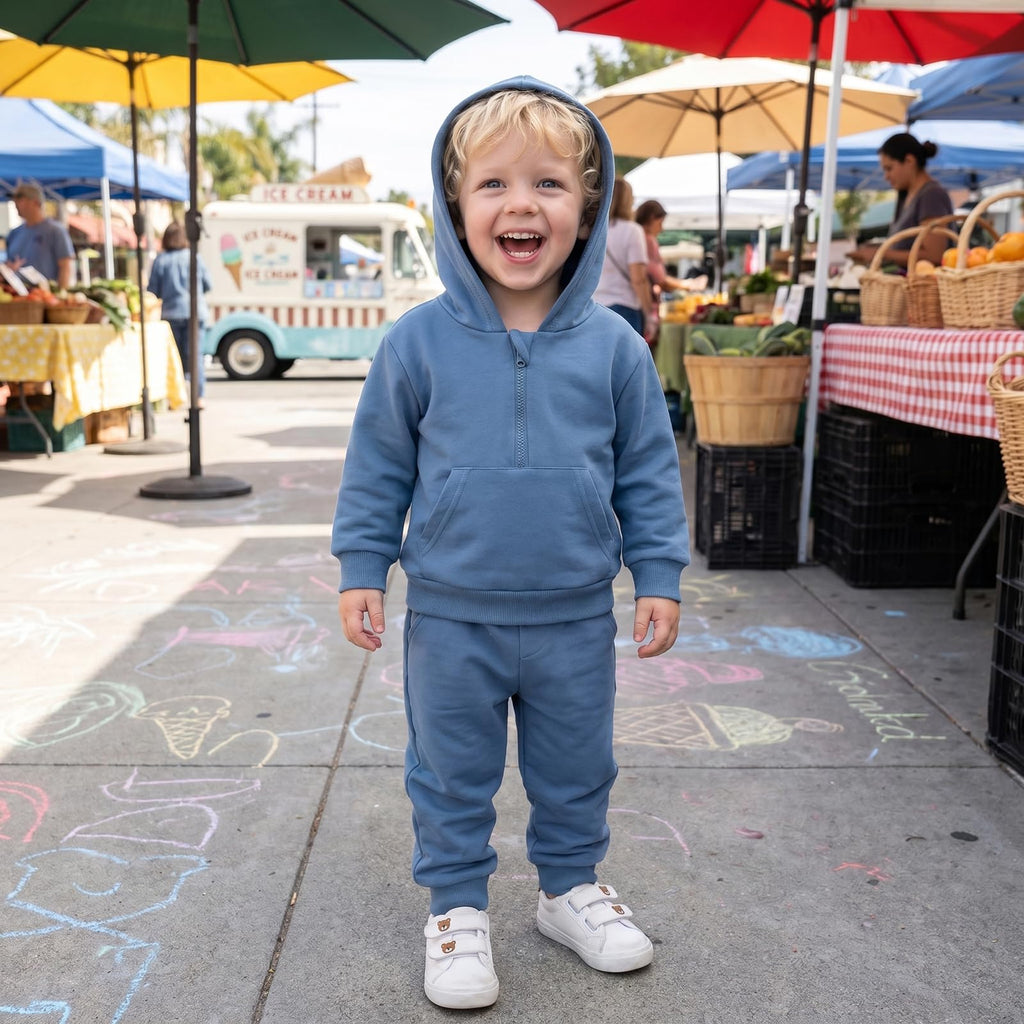 Toddler Baby Boy Clothes Zipper Hooded Sweatshirt Jogger Pants Set (Solid Blue, )