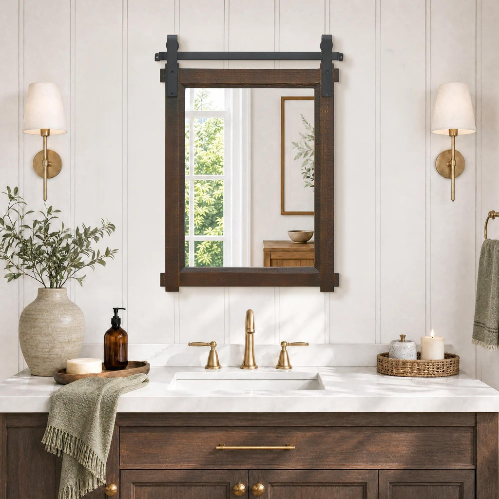 Rustic Bathroom Vanity Mirror: 22"x30" Brown Farmhouse Barn Door