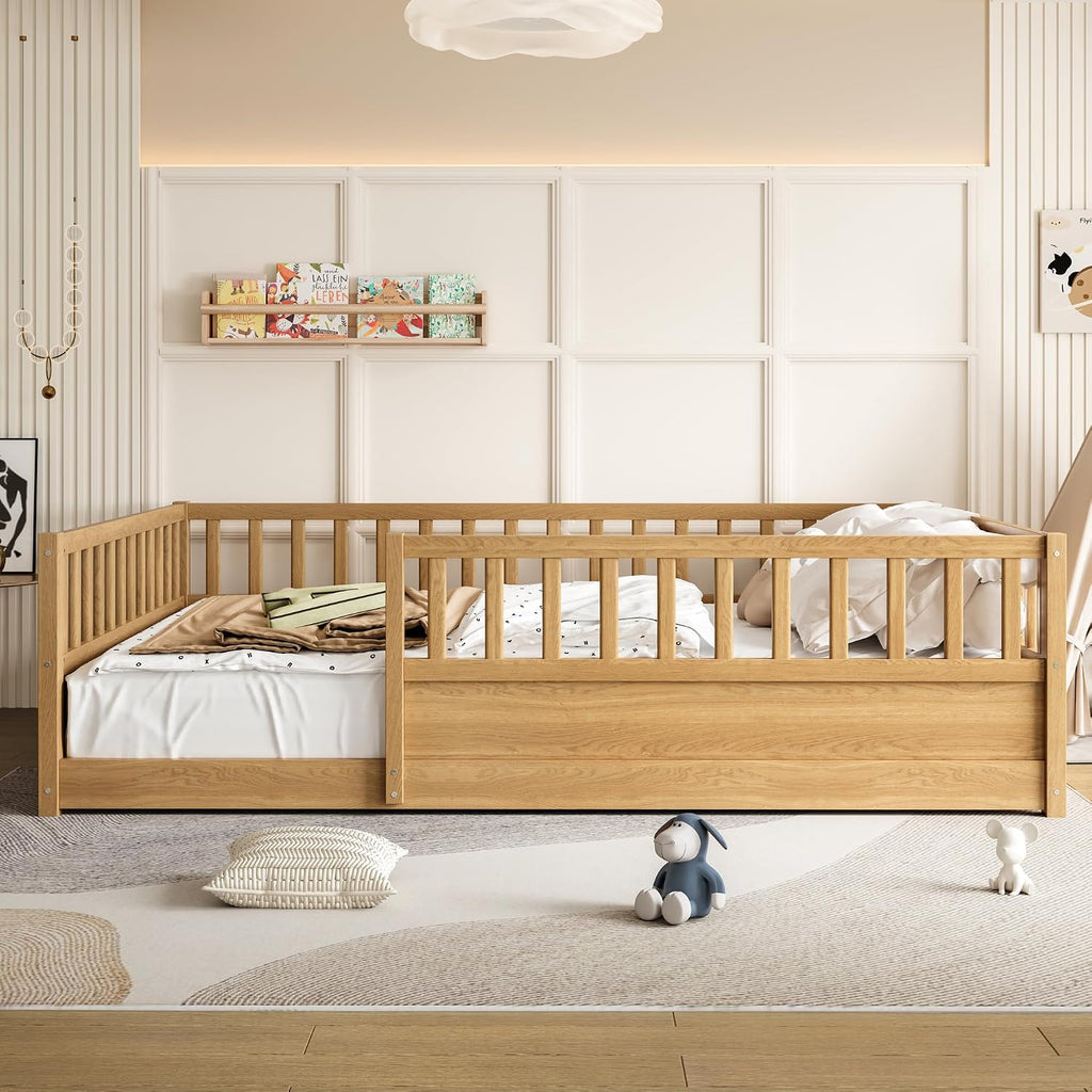 Full Size Montessori Floor Bed with High Rails, High Rails Floor Bed with Slats and Fence, Easy Assemble Montessori