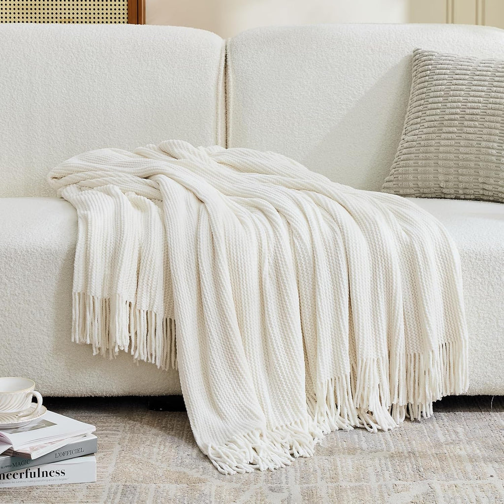 Throw Blanket,Chunky Chenille Woven Soft Blankets with Tassels,Cozy Boho Farmhouse Spring Summer Fall Decor,Warm