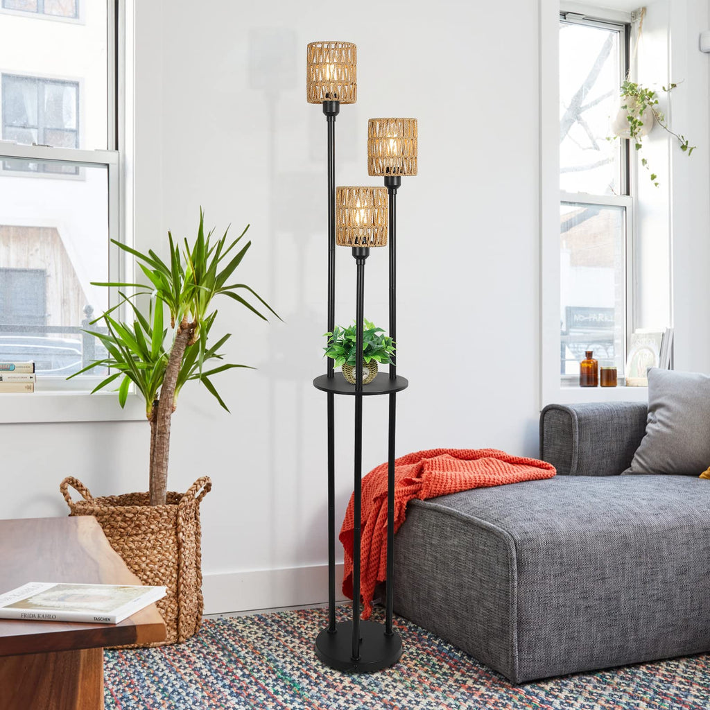 Boho Floor Lamp with Shelves, 3-Lights Farmhouse Tall Floor Lamp with ON/Off Foot Switch, Rustic Standing Lamp with