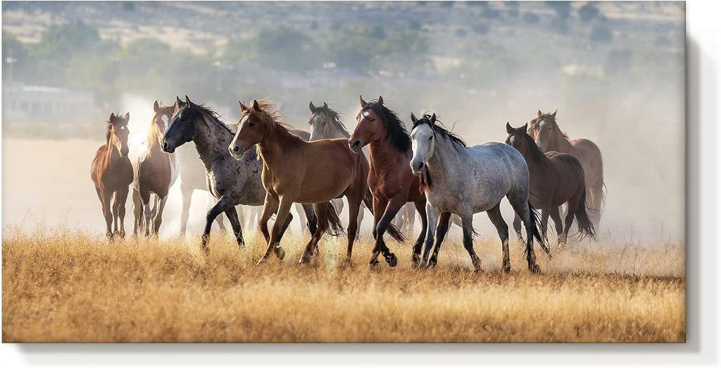 Rustic Horses Wall Art Decor: Western Farm Equine Canvas Picture Wild Animals Walking on Empty Grassland Farmhouse