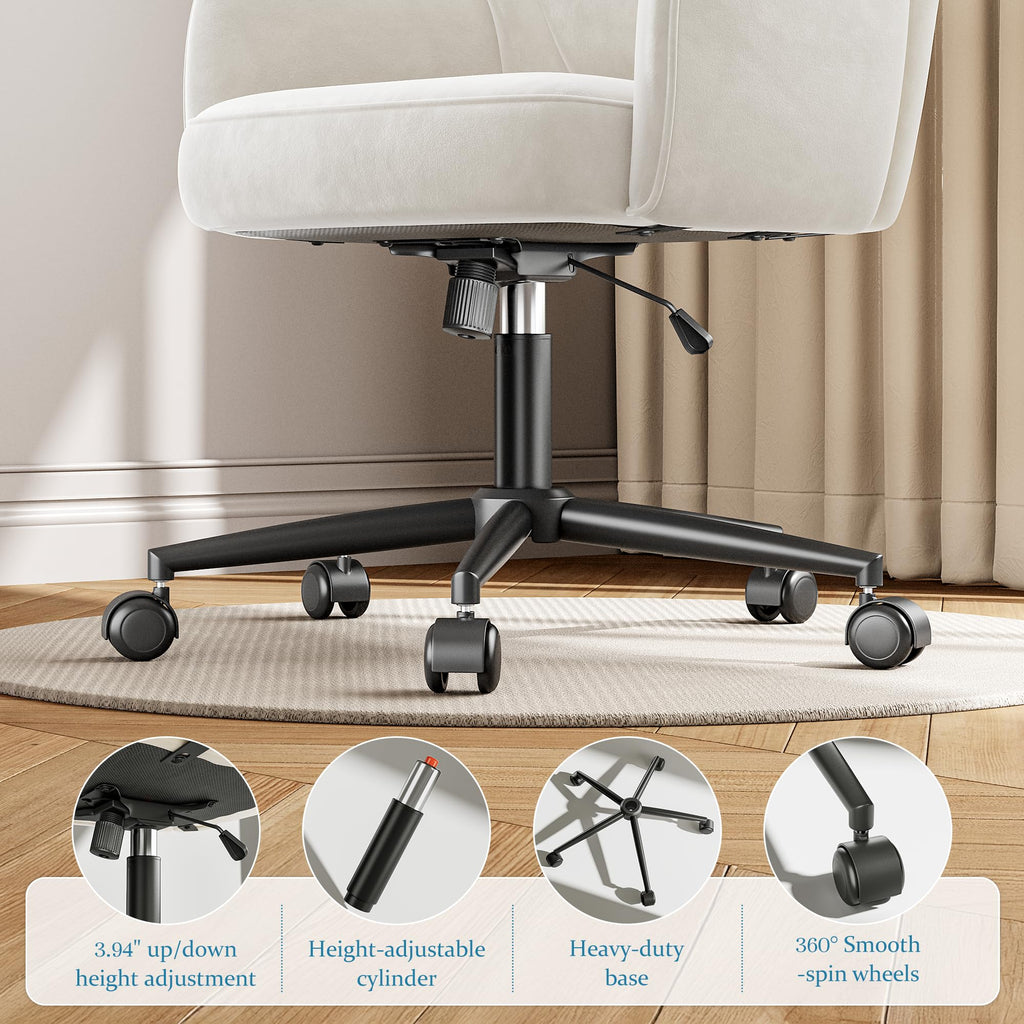 Vanity Chair with Wheels & White - Adjustable Height Makeup Chair, Plush Velvet Seat with Curved Backrest for Women