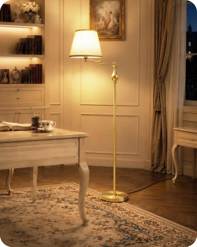 61"Vintage Gold Floor Lamp with 350°Adjustable Swing Arm, Pull Chain Switch