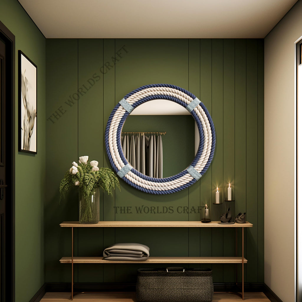 Nautical Round Rope Mirror - White Twisted Rope wall Hanging Mirror, Rustic Boho & Coastal Farmhouse Décor, or