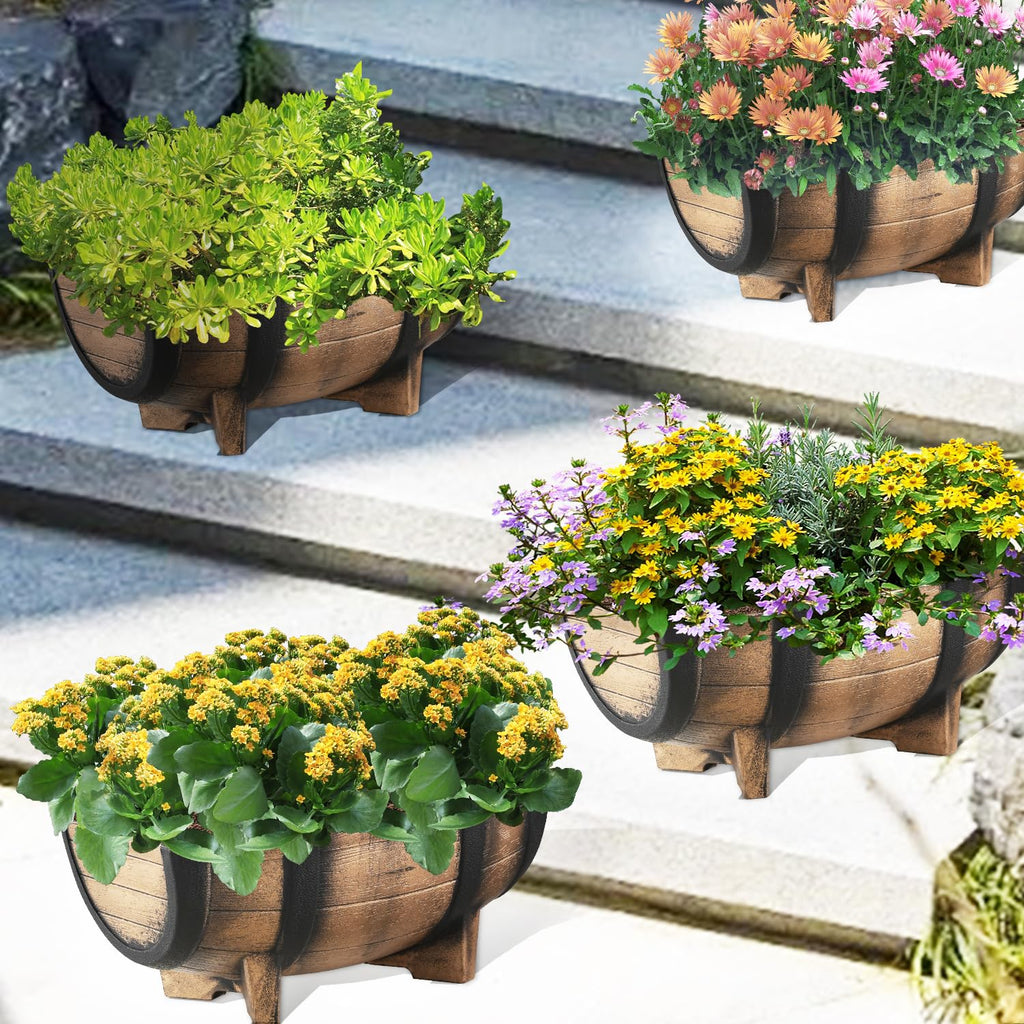 YI 2 Pack Rustic Half Barrel Planters, 16.34x11.81x7.28 Inches Plastic Weather Resistant Plant Flower Pot Indoor &