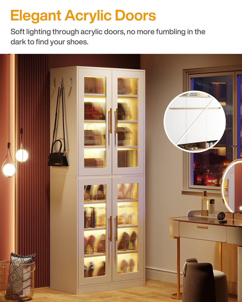 Tall Shoe Storage Cabinet with Acrylic Doors and LED Lights, 8-Tier Entryway Shoe Organizer Rack with Adjustable