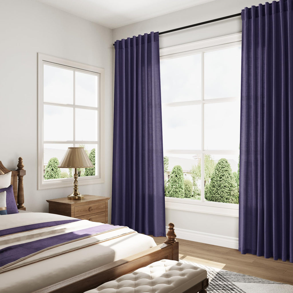 Purple Linen Curtains 84 Inches Long, Back Tab Light Filtering Semi Sheer Privacy Drapes Simple Style, 52x84 inch, 2