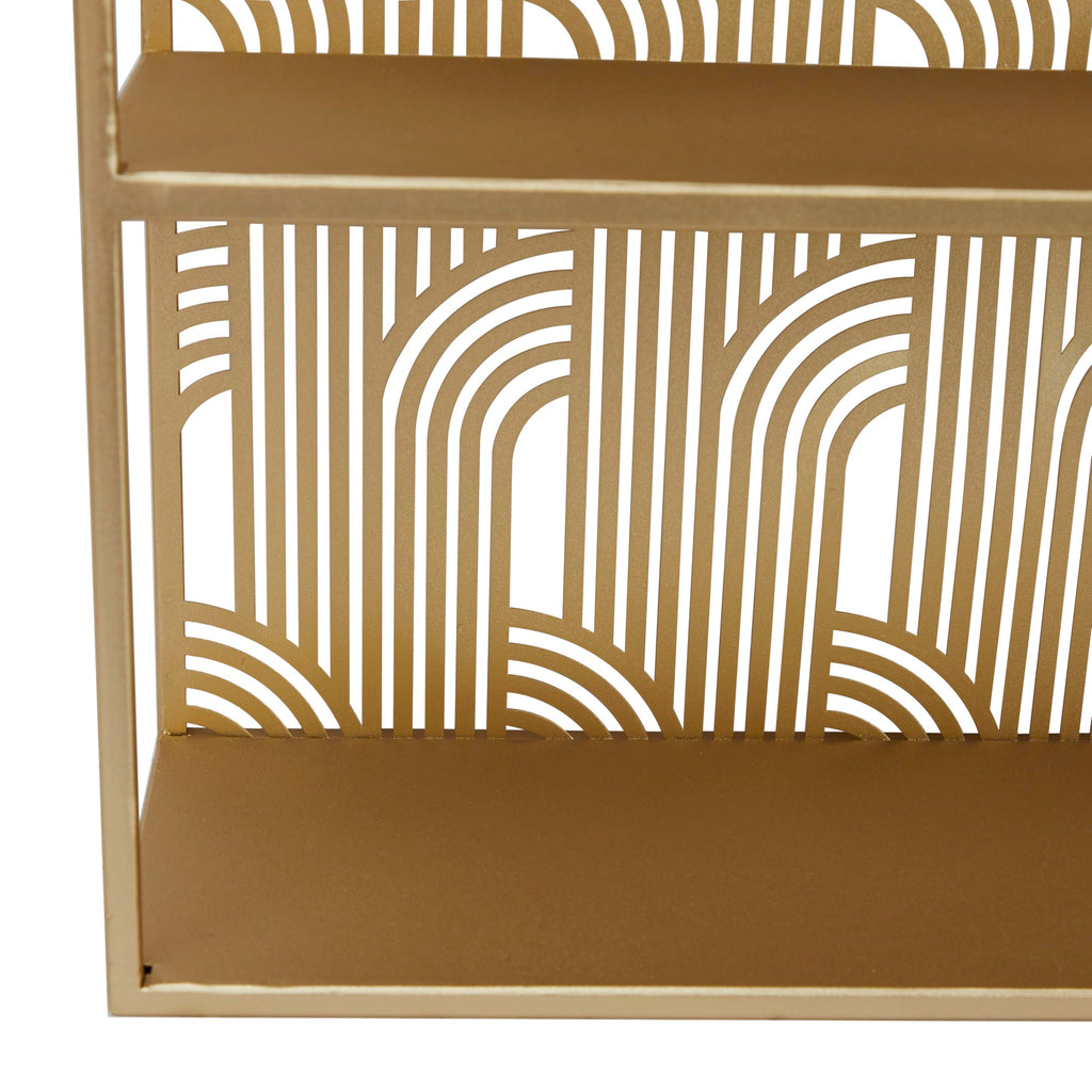 Metal Geometric Rounded 3 Level Wall Shelf with Arch Pattern, 16" x 6" x 24", Gold