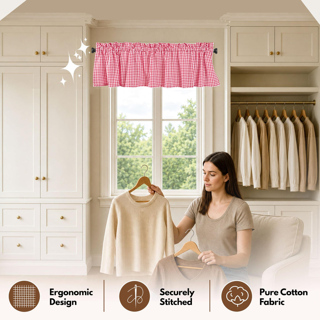 Gingham Check 2 Pack Kitchen Valance Set - Rod Pocket - Semi Sheer - Small Window Curtain, Bedroom, Living Room