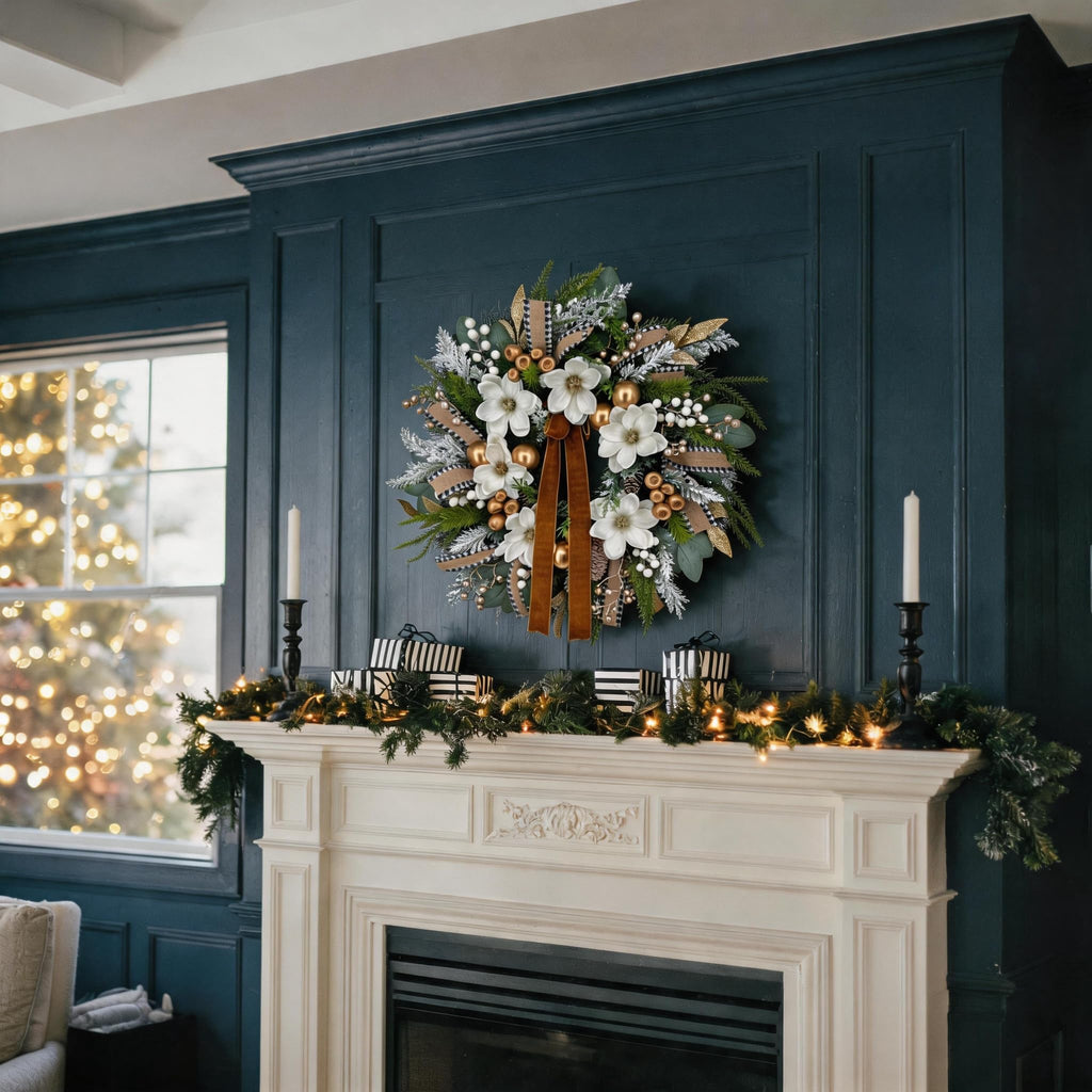 24 inch Farmhouse Christmas Front Door Wreath, Winter Magnolia & Pine
