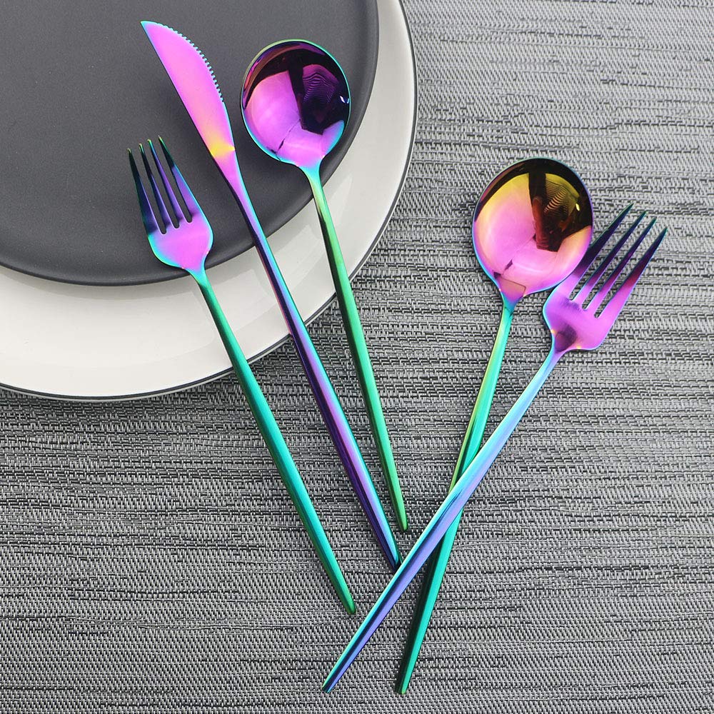 Shiny Rainbow Silverware Set, 30-Piece Stainless Steel Satin Finish Flatware, Kitchen Utensils, Mirror Polished