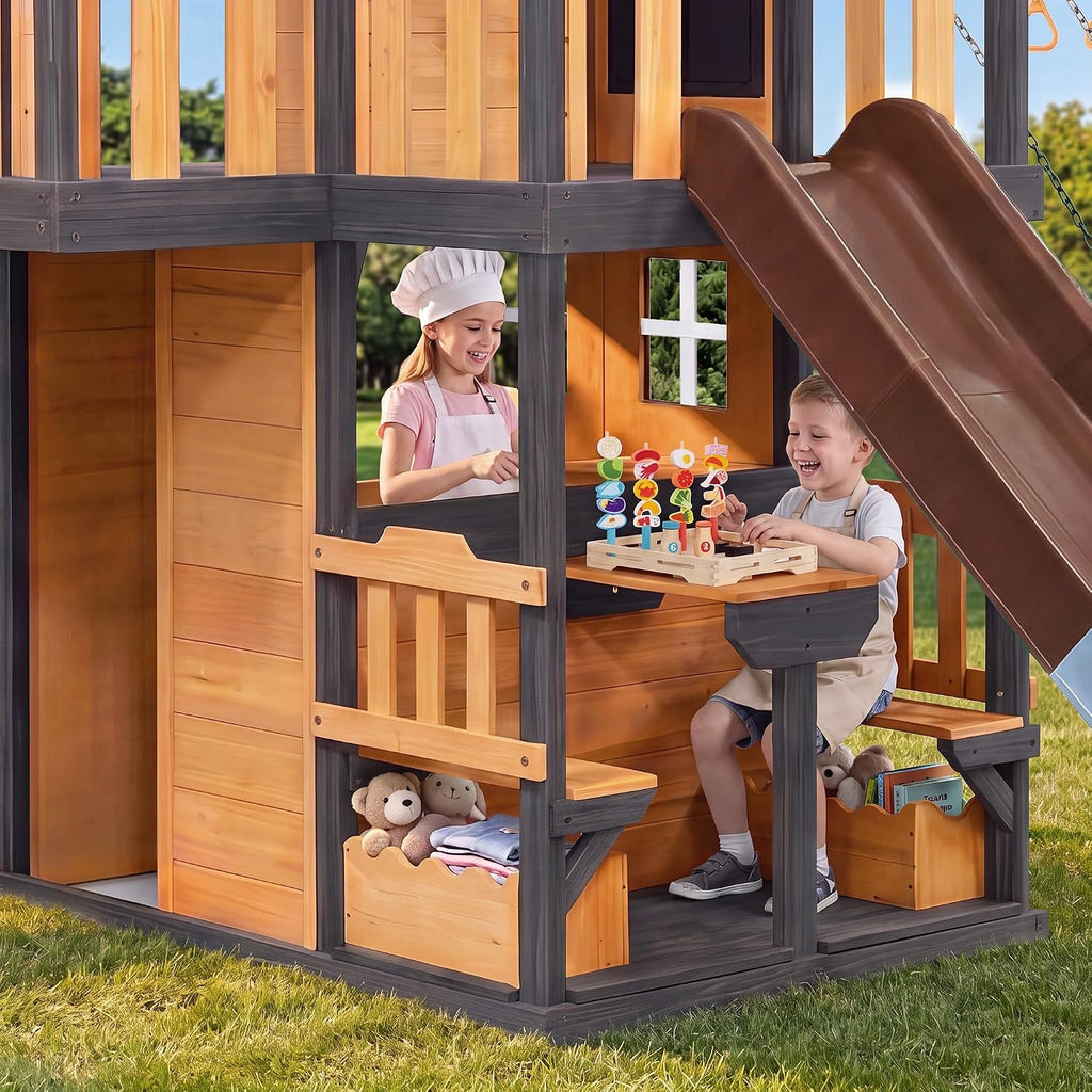 Wooden Swing Sets Playground with Slide Outdoor Playset All in One Whi