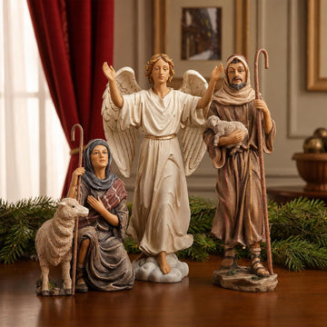 Kings Gifts Shepherds and Angel Nativity Add-On Set, 3-Piece Polystone Christmas Figures with Sheep Lamb, Flat Bottom