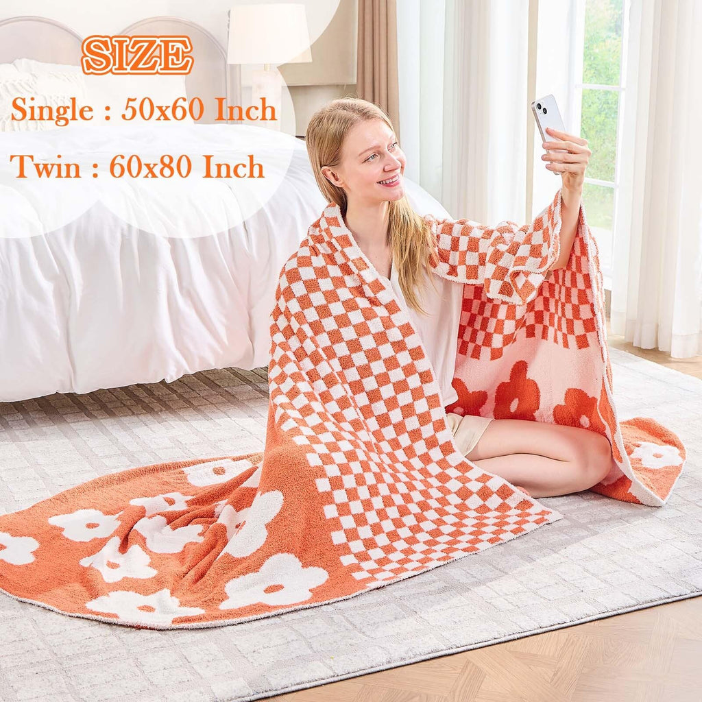 Checkered Throw Blanket, Orange Flower Blanket for Couch, 50"x60" Soft Plaid Knit Blanket Decor, Reversible