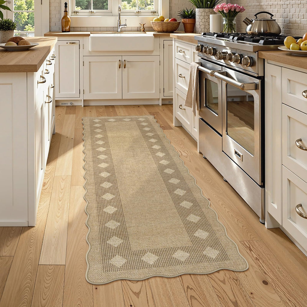 Scalloped Easy Jute Diamond Rug, Washable 2x6 Runner Tan Rugs, Geometric Checkered Indoor Outdoor Farmhouse Non