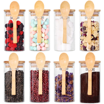 Glass Jar with Bamboo Lid and Spoon, 8Pack 10 OZ Tea Containers for Loose Leaf Tea, Salt and Sugar Containers for