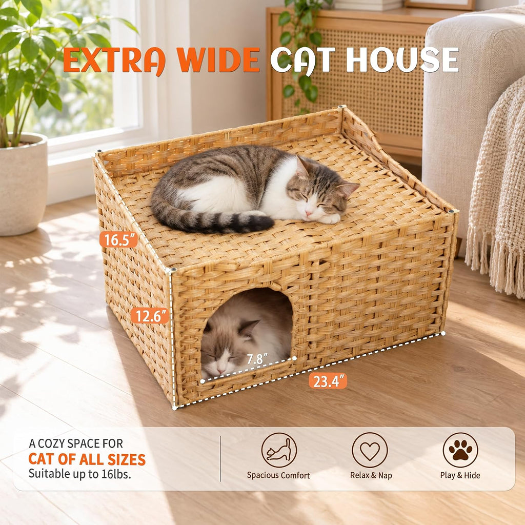 Wide Handwoven PE Rattan Cat House, Large Indoor Cave with Cushion