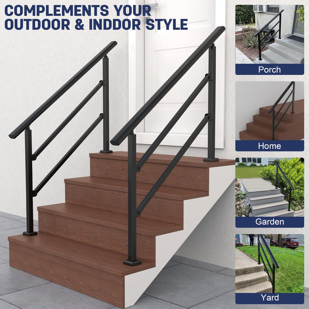 2 Pack Handrails for Outdoor Steps, Black Stair Handrail Fit 1-4 Steps