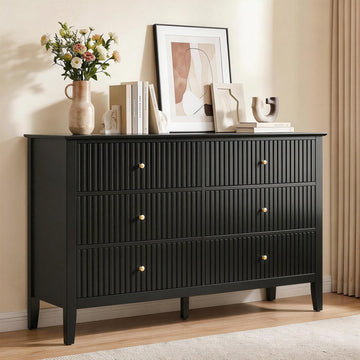 Black 6 Drawer Dresser, Fluted Dresser