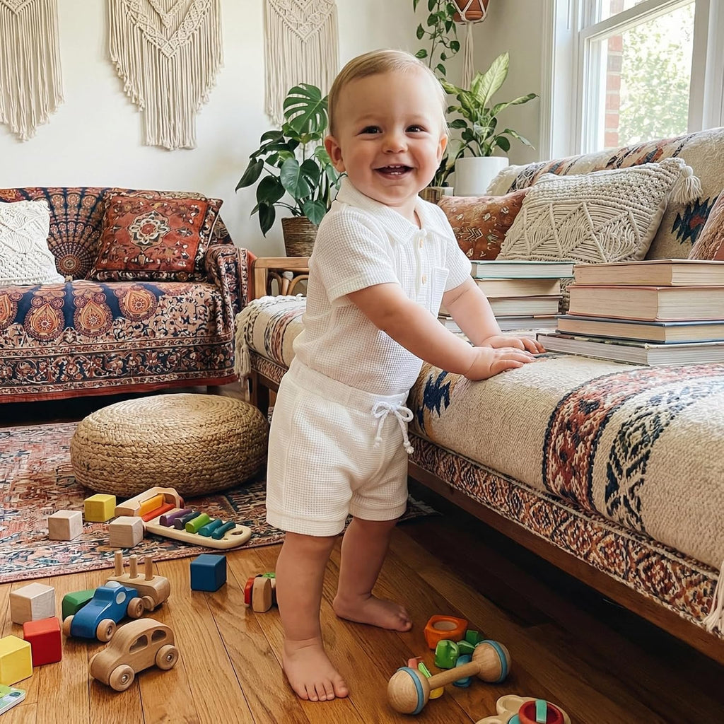 Baby Boy Summer Outfit Waffle Knit Short Sleeve Collared Romper Shorts Set 0 3 6 9 12
