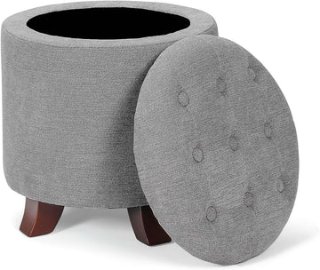 15 Inch Small Ottoman with Storage, Round Linen Fabric Storage Ottoman Foot Rest with Removable Lid, Multipurpose
