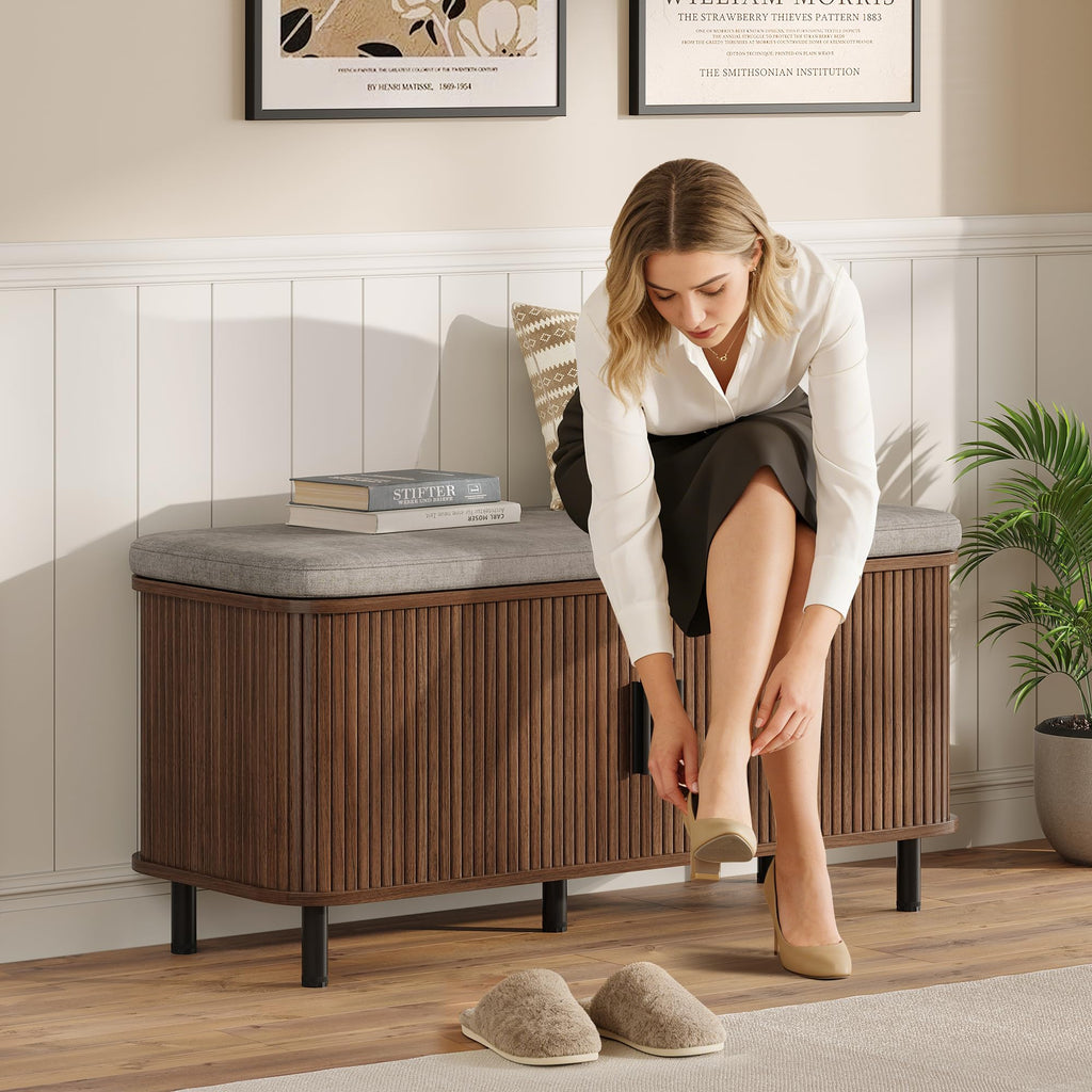 39" Upholstered Shoe Storage Bench, Entryway Bench with Linen Seat Cushion, 2 Tier Hidden Shoe Rack with Adjustable