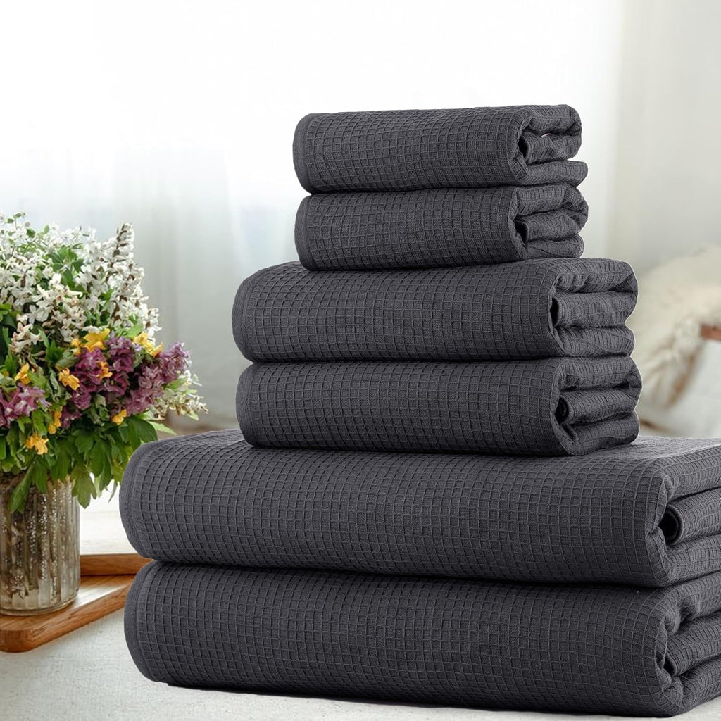 Waffle 6Pcs 100% Egyptian Cotton Large Designer Towels Gift Set- Silver Grey, 2Bath 2Hand 2Washcloths, Bath Towels