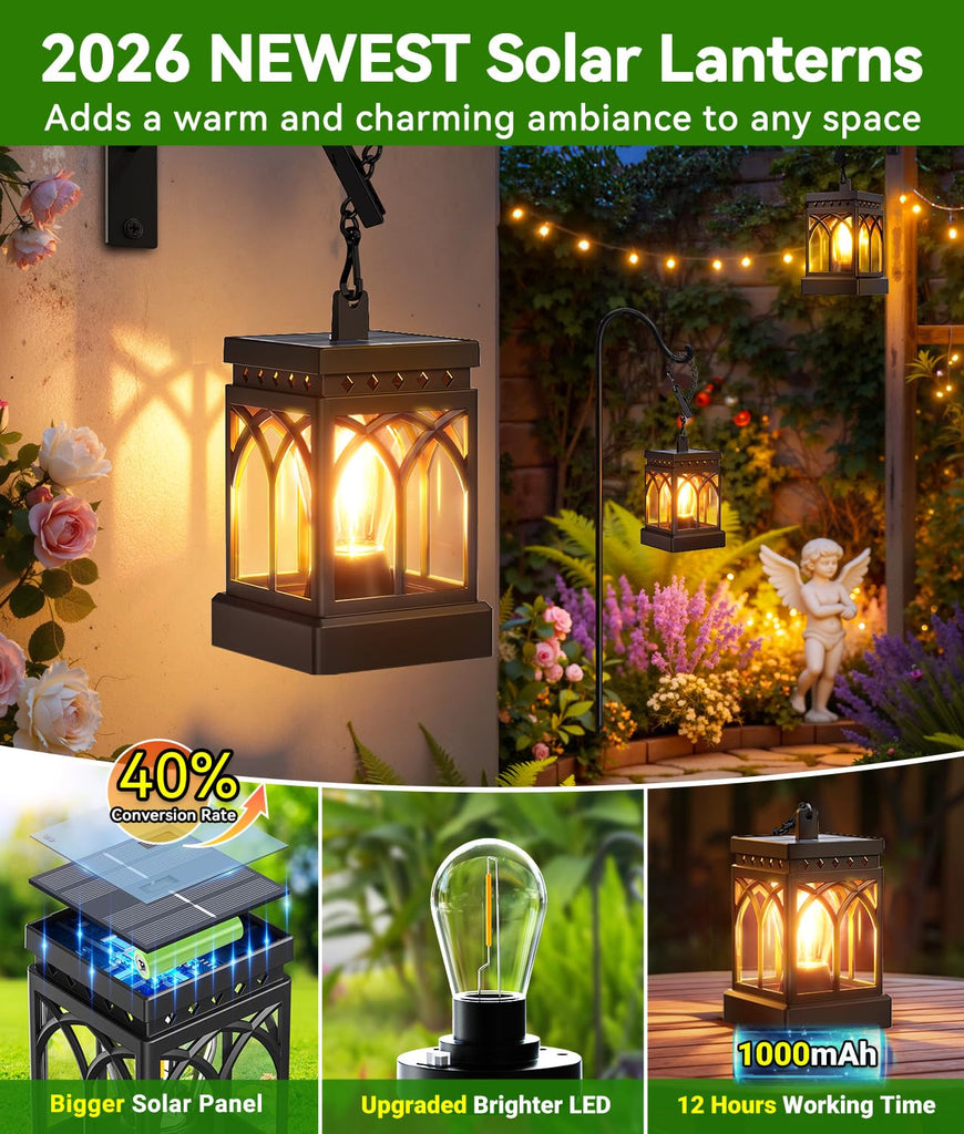 4 Pack Solar Lanterns Outdoor Waterproof, Brighter Hanging Solar Lantern Lights for Outside, Auto ON/Off Lanterns