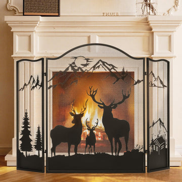 3-Panel Fireplace Screen, Deer Pattern Fire Guard, Rustic, 50" x 36"